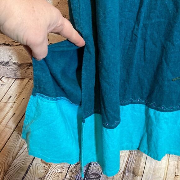 Vintage Studio Ease Midi Dress Womens 14 Linen Teal Turquoise Safari Elephant - Picture 7 of 13